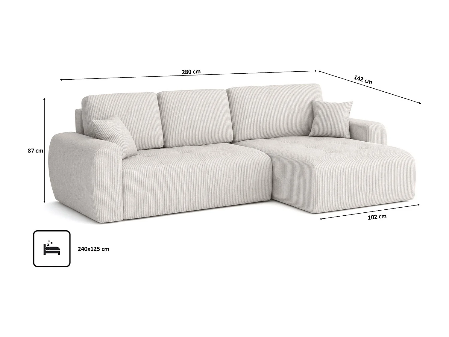 Divano angolare con funzione letto e contenitore a forma di L Ivo XL, tessuto a coste Poso, Beige, Destra