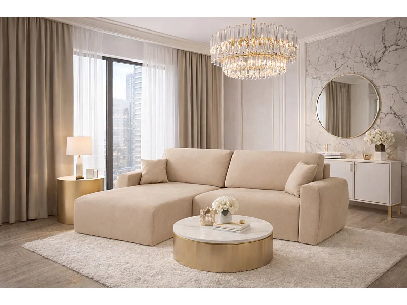 Ecksofa mit Schlaffunktion und Bettkasten, Ariel XL, Velours, Stoff Salvador, Beige, Links