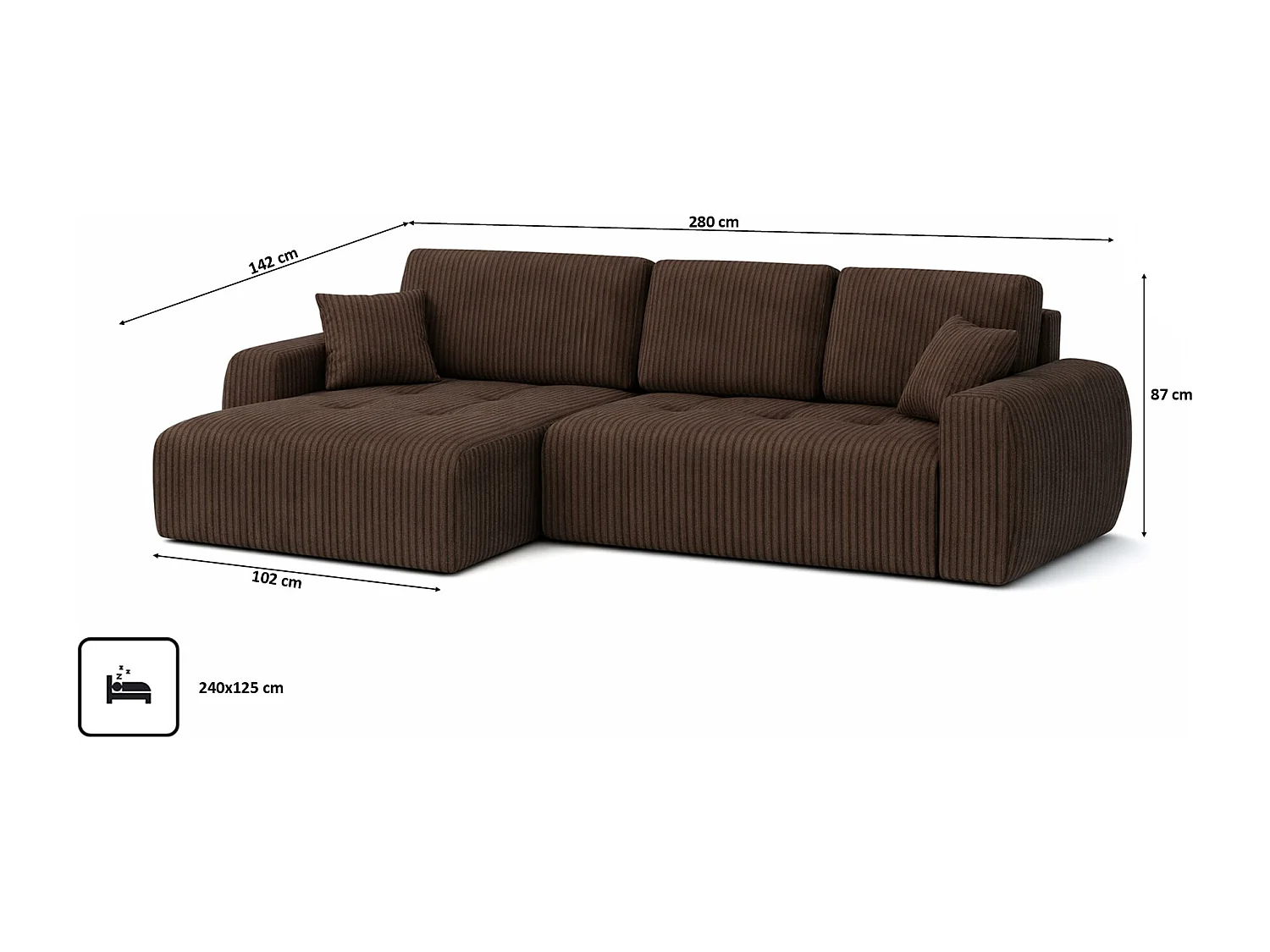 Divano angolare con funzione letto e contenitore a forma di L Ivo XL, tessuto a coste Poso, Marrone, Sinistra