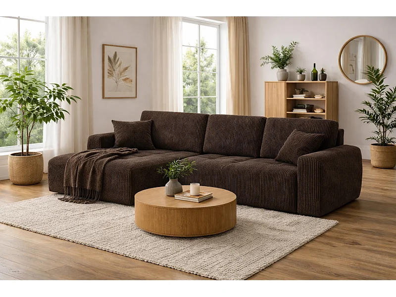 Canapé d’angle avec fonction couchage et coffre de rangement en forme de L Ivo XL, tissu en velours côtelé Poso, Marron, Gauche