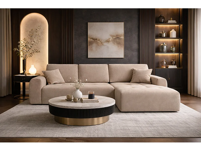 Ecksofa mit Schlaffunktion und Bettkasten L-Form Ivo XL, Veloursstoff Salvador, Beige, Rechts