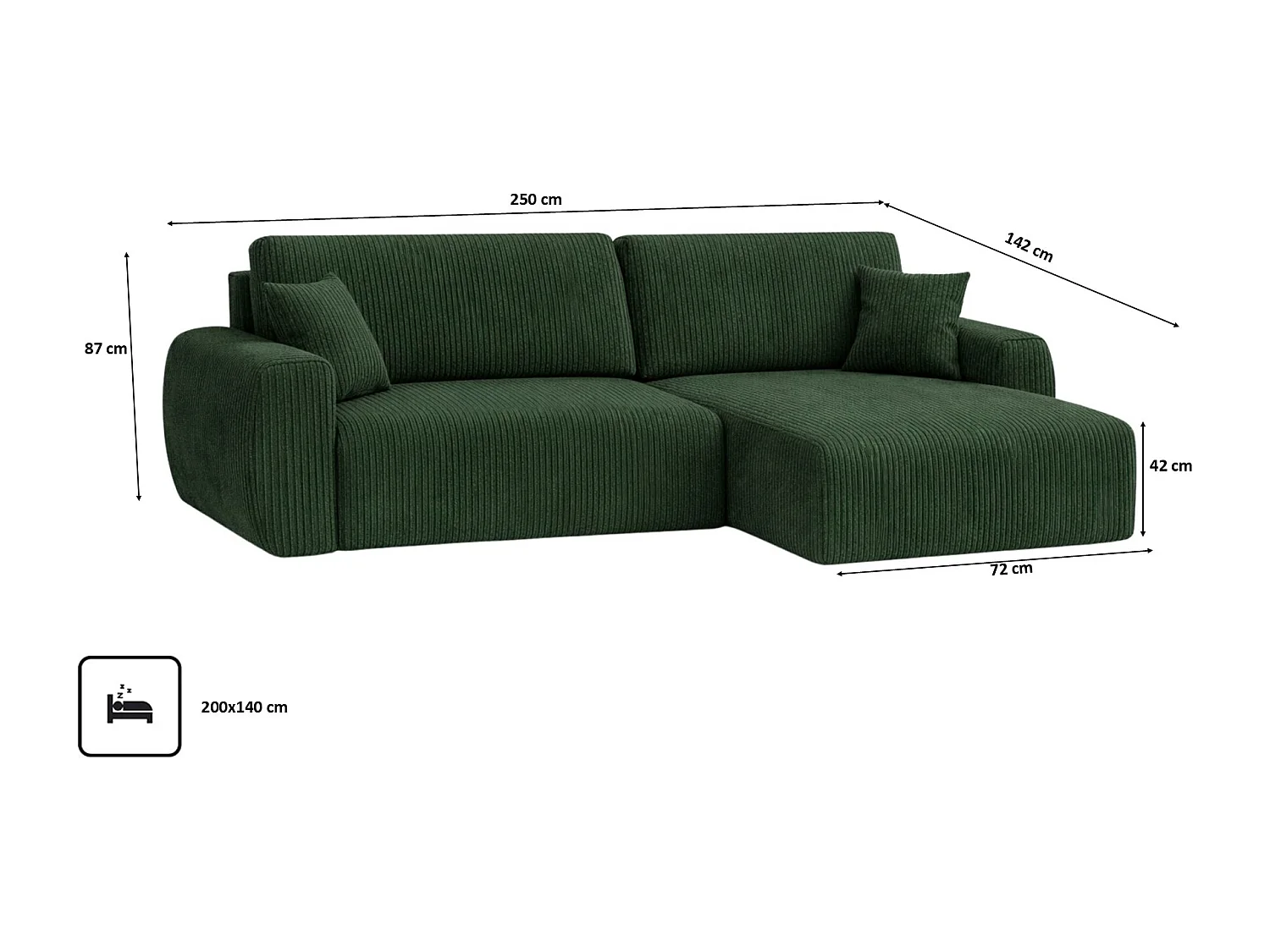Hoekbank met slaapfunctie en opbergruimte Ariel L, corduroy stof, Poso stof, groen, rechts