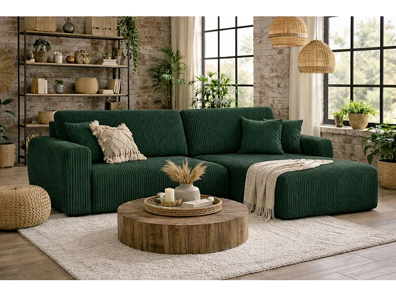 Divano angolare con funzione letto e contenitore Ariel L, tessuto velluto a coste, tessuto Poso, verde, lato destro