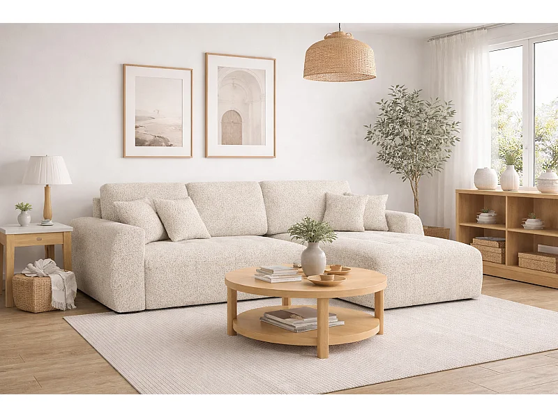 Divano angolare con funzione letto e contenitore a forma di L Ivo L, tessuto chenille Artico, Nata, Destra