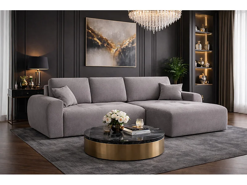 Divano angolare con funzione letto e contenitore a forma di L Ivo L, tessuto velluto Salvador, Grigio, Destra