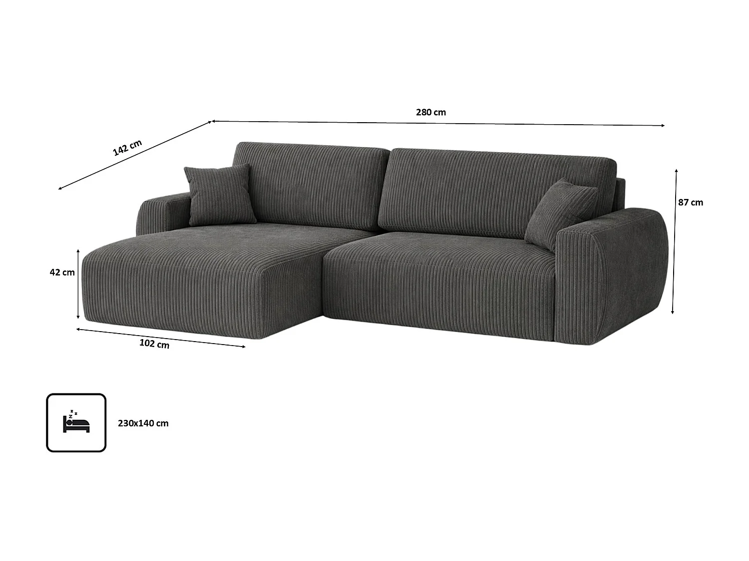 Divano angolare con funzione letto e vano contenitore, Ariel XL, tessuto velluto a coste, tessuto Poso, grigio, lato sinistro