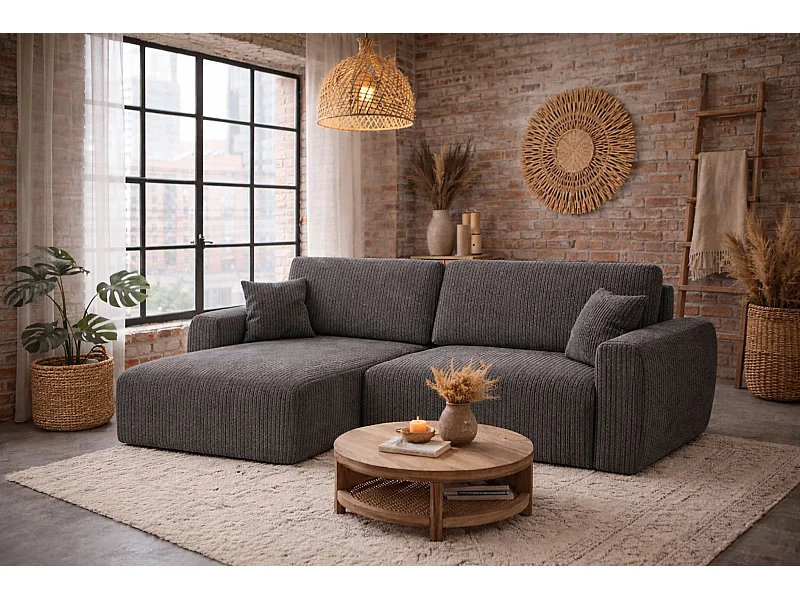 Canapé d'angle convertible avec compartiment de rangement, Ariel XL, tissu côtelé, tissu Poso, gris, côté gauche