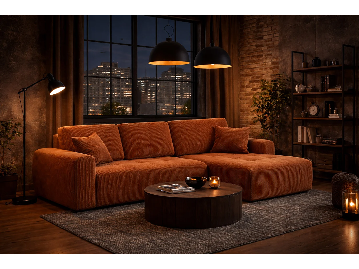 Divano angolare con funzione letto e contenitore a forma di L Ivo L, tessuto a coste Poso, Rame, Destra