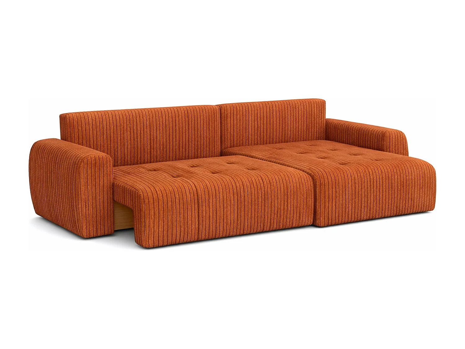 Divano angolare con funzione letto e contenitore a forma di L Ivo L, tessuto a coste Poso, Rame, Destra