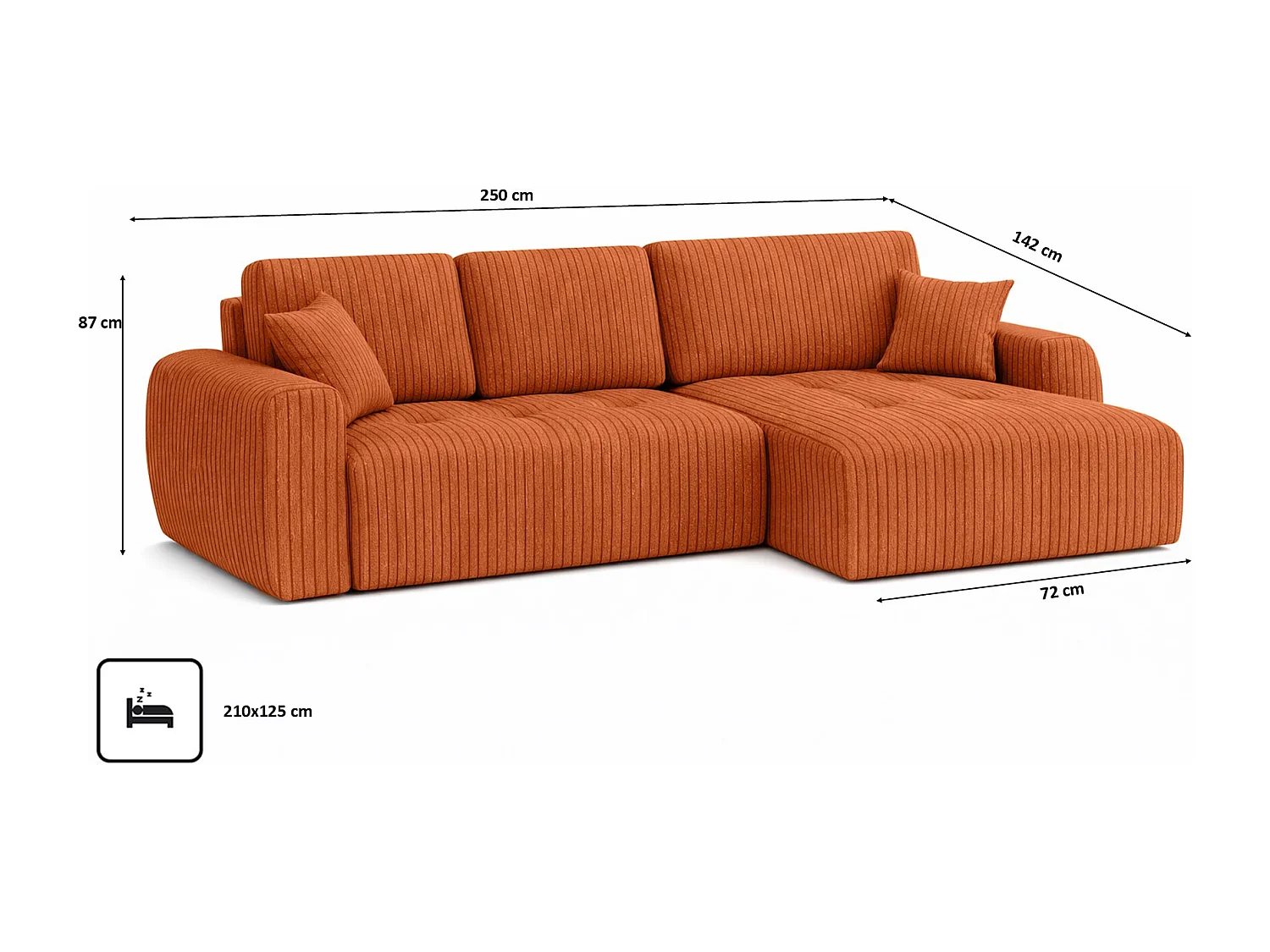 Divano angolare con funzione letto e contenitore a forma di L Ivo L, tessuto a coste Poso, Rame, Destra