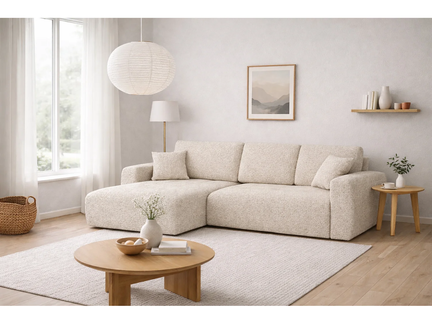 Divano angolare con funzione letto e contenitore a forma di L Ivo XL, tessuto chenille Artico, Nata, Sinistra