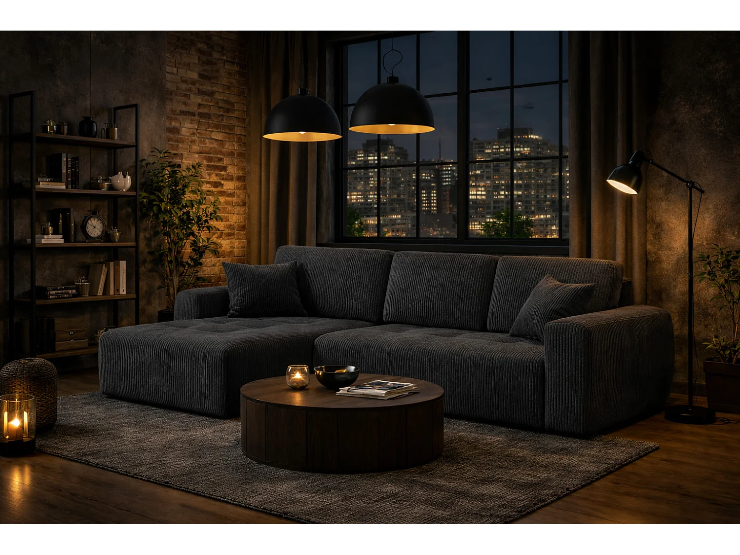 Divano angolare con funzione letto e contenitore a forma di L Ivo L, tessuto a coste Poso, Grigio, Sinistra