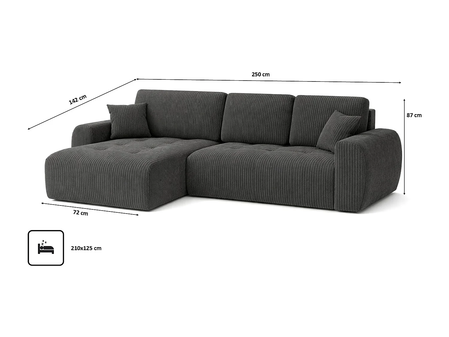 Divano angolare con funzione letto e contenitore a forma di L Ivo L, tessuto a coste Poso, Grigio, Sinistra