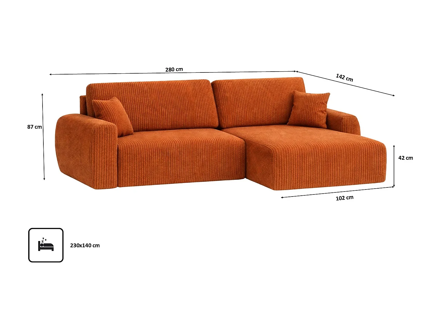 Divano angolare con funzione letto e vano contenitore, Ariel XL, tessuto velluto a coste, tessuto Poso, rame, lato destro