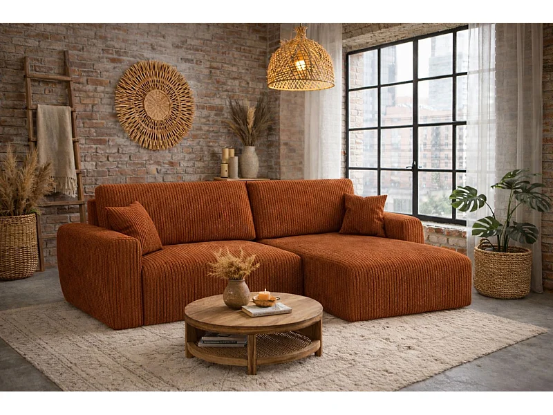 Divano angolare con funzione letto e vano contenitore, Ariel XL, tessuto velluto a coste, tessuto Poso, rame, lato destro
