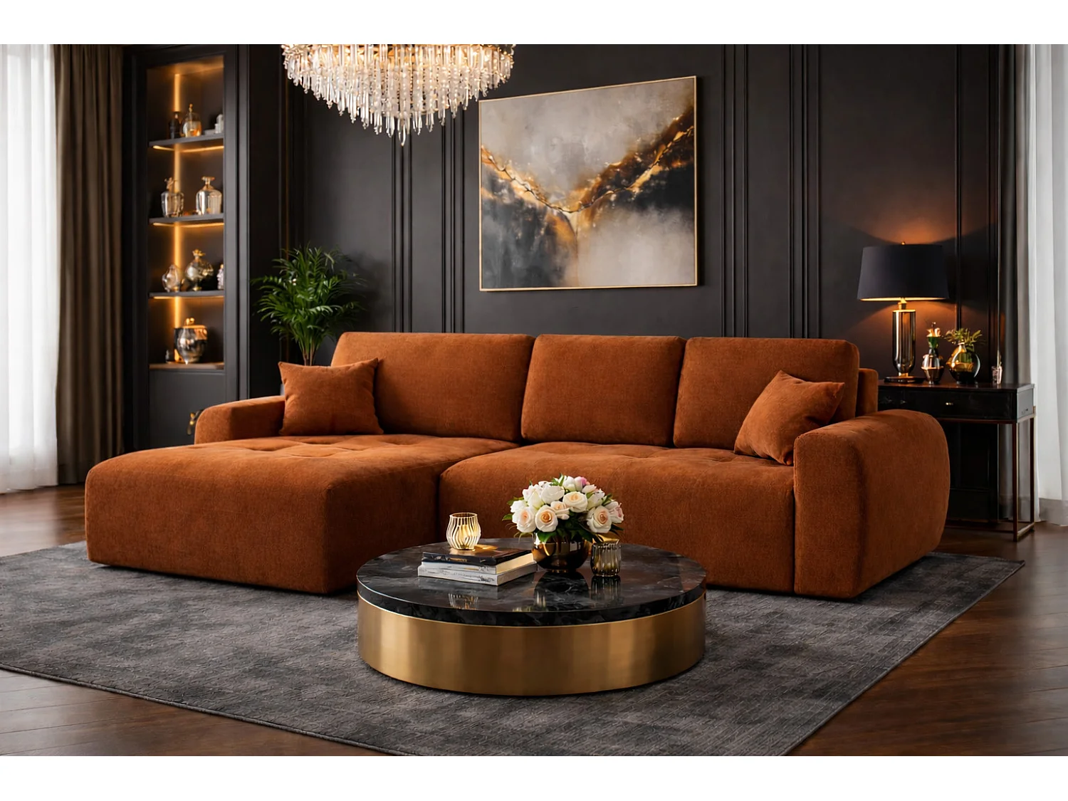 Hoekslaapbank met slaapfunctie en opbergruimte, L-vorm, Ivo L, veloursstof Salvador, Bruin, Links