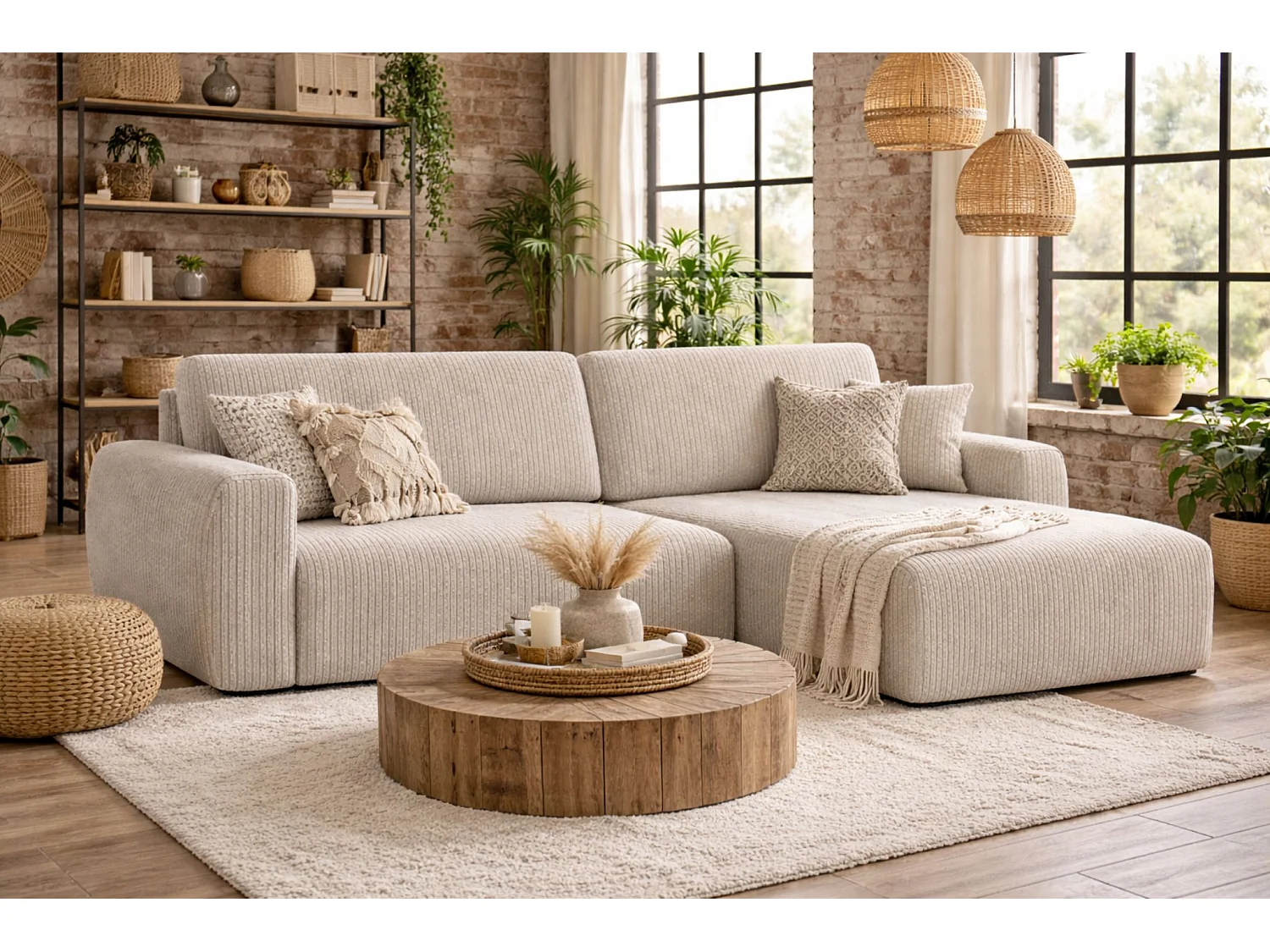 Hoekbank met slaapfunctie en opbergruimte Ariel L, corduroy stof, Poso stof, beige, rechts