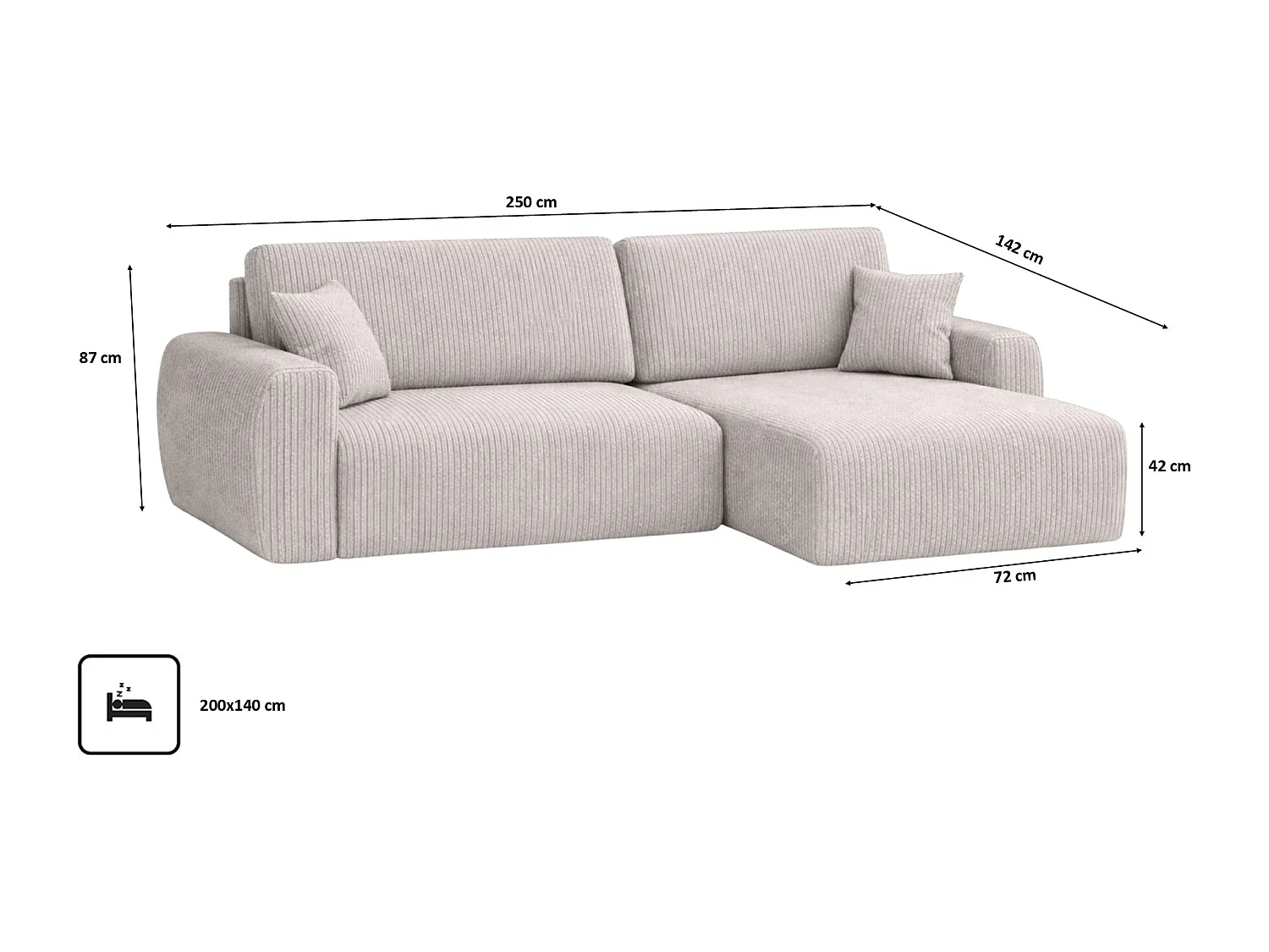 Ecksofa mit Schlaffunktion und Bettkasten Ariel L, Cordstoff, Stoff Poso, Beige, Rechts