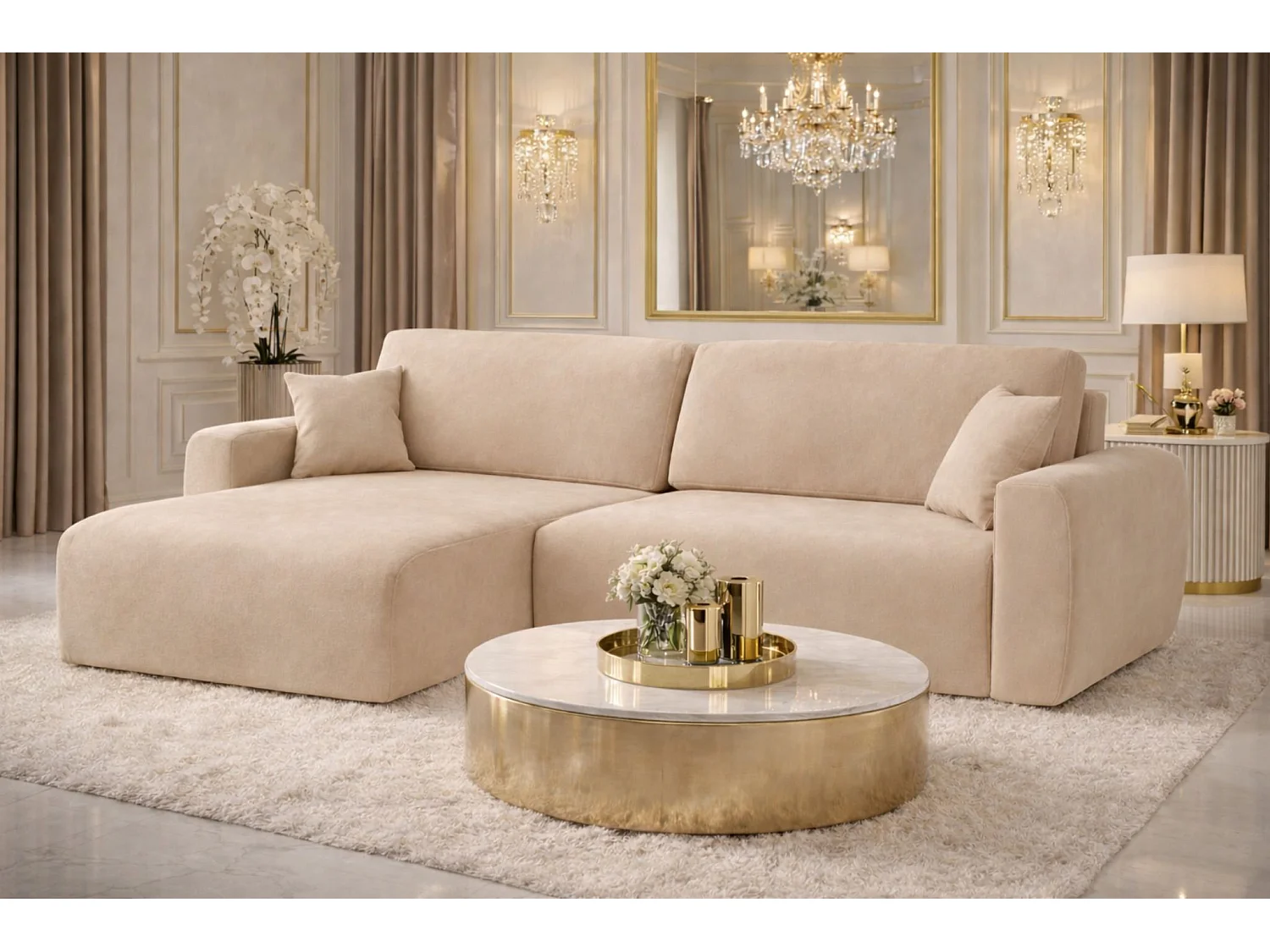 Hoekbank met slaapfunctie en opbergruimte Ariel L, velours, stof Salvador, beige, links