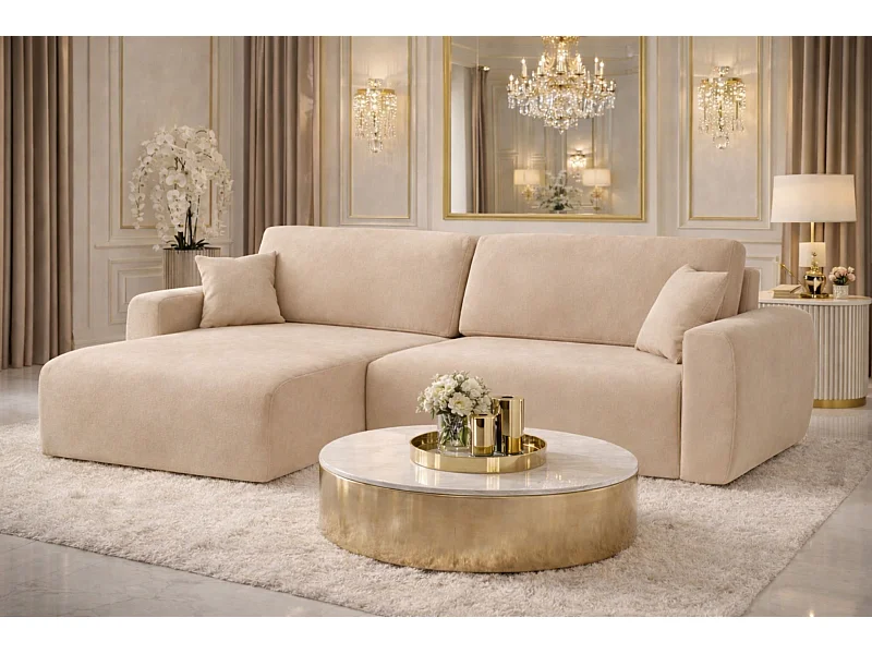 Hoekbank met slaapfunctie en opbergruimte Ariel L, velours, stof Salvador, beige, links