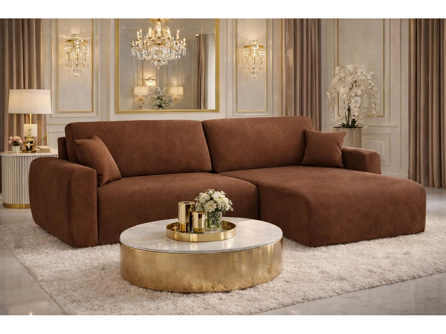 Canapé d'angle convertible avec coffre de rangement Ariel L, velours, tissu Salvador, marron foncé, côté droit