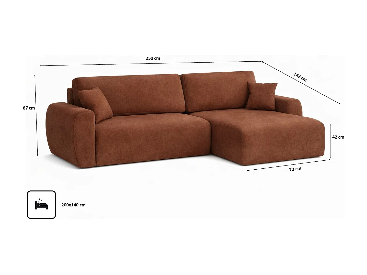 Canapé d'angle convertible avec coffre de rangement Ariel L, velours, tissu Salvador, marron foncé, côté droit