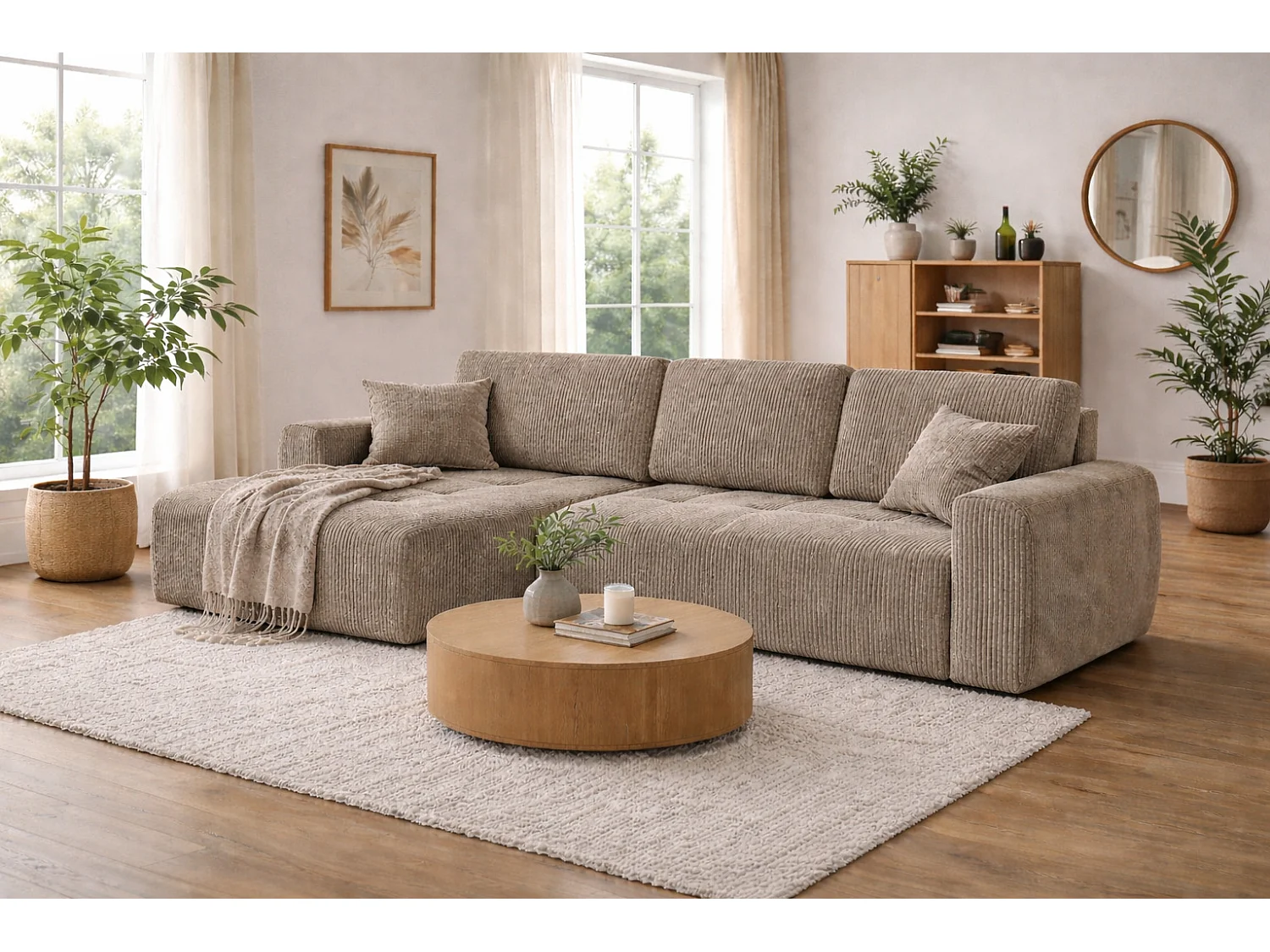 Hoekslaapbank met slaapfunctie en opbergruimte, L-vorm, Ivo XL, ribstof Poso, Donkerbeige, Links