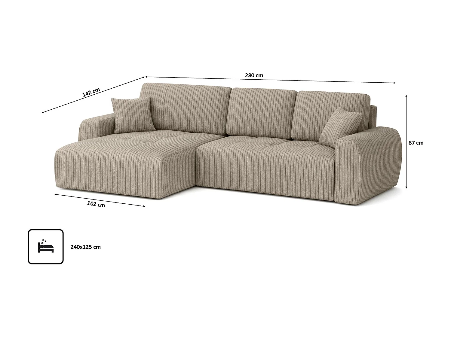 Hoekslaapbank met slaapfunctie en opbergruimte, L-vorm, Ivo XL, ribstof Poso, Donkerbeige, Links