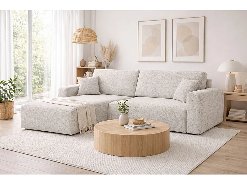 Divano angolare con funzione letto e contenitore Ariel L, Chenille, tessuto Artico, Nata, lato sinistro