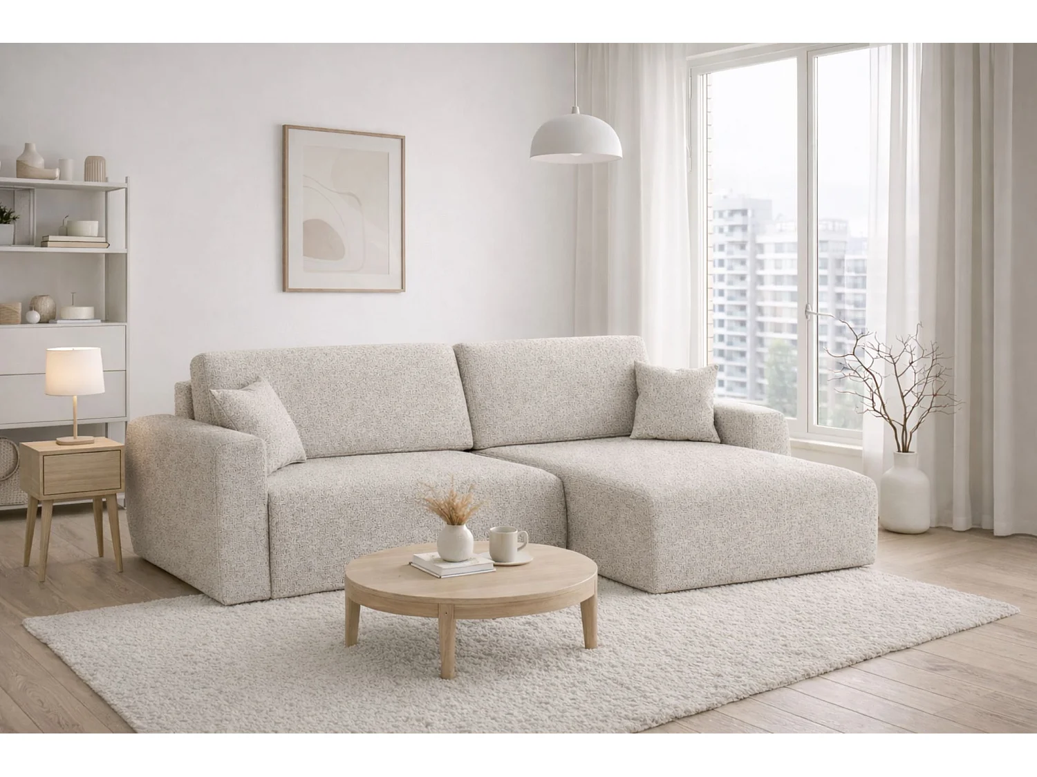 Divano angolare con funzione letto e vano contenitore, Ariel XL, tessuto ciniglia, tessuto Artico, Nata, lato destro