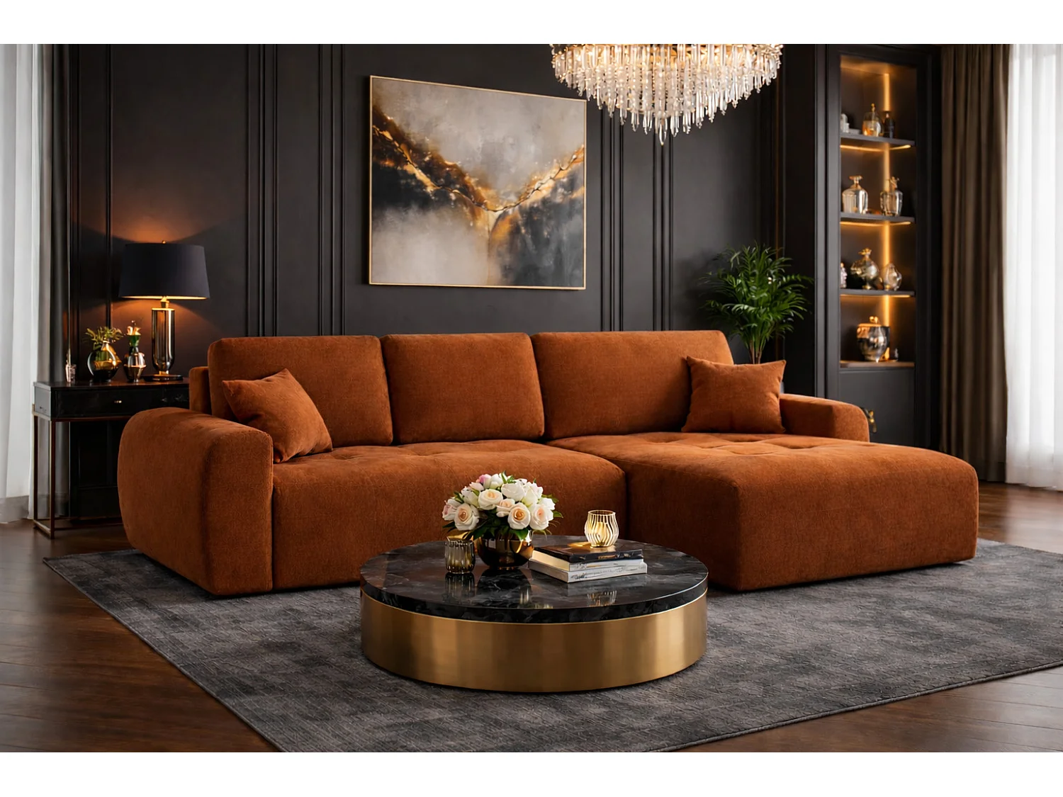 Hoekslaapbank met slaapfunctie en opbergruimte, L-vorm, Ivo L, veloursstof Salvador, Bruin, Rechts