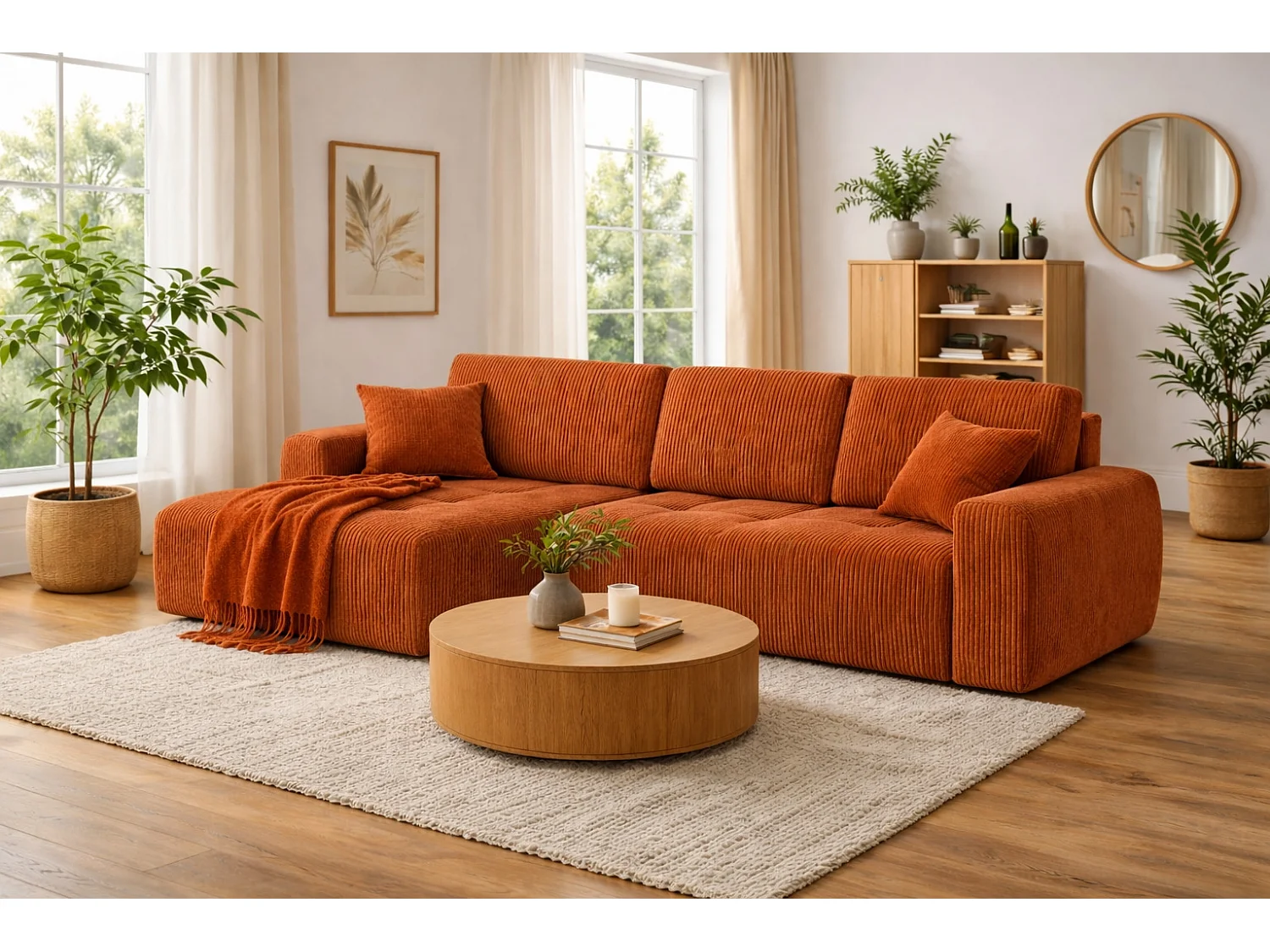 Divano angolare con funzione letto e contenitore a forma di L Ivo XL, tessuto a coste Poso, Rame, Sinistra