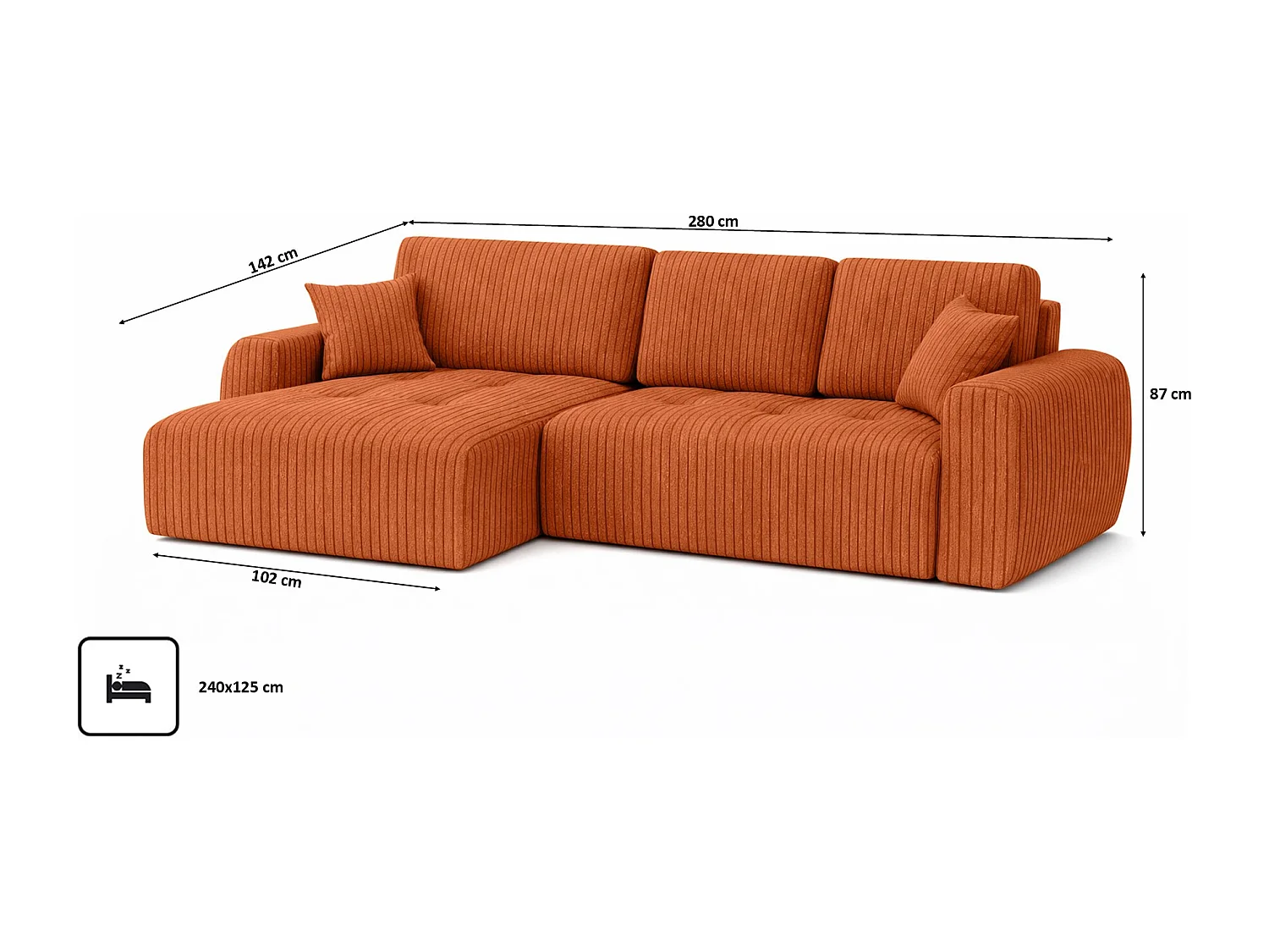 Divano angolare con funzione letto e contenitore a forma di L Ivo XL, tessuto a coste Poso, Rame, Sinistra