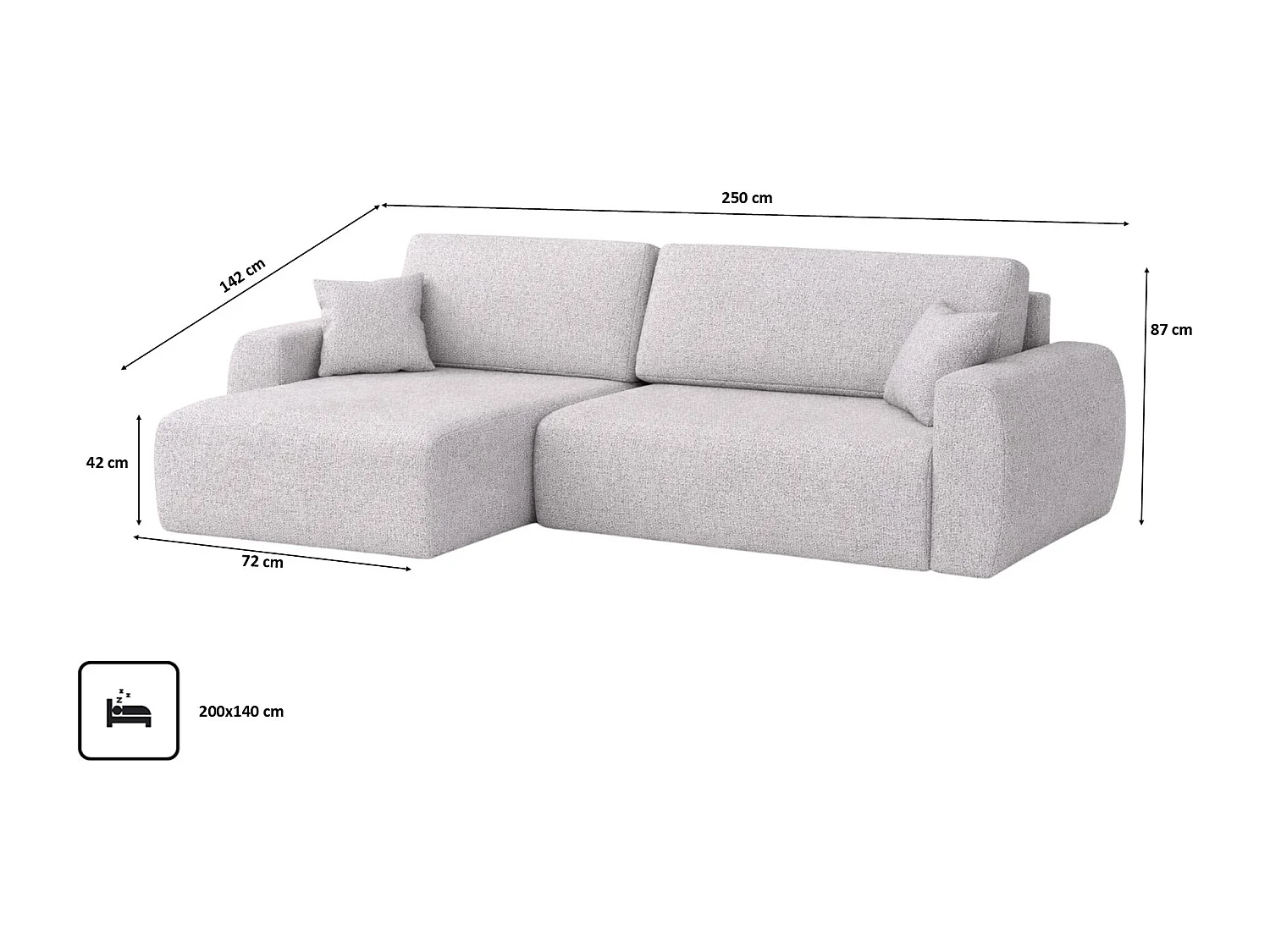 Canapé d'angle convertible avec coffre de rangement Ariel L, Chenille, tissu Artico, Ciment, côté gauche