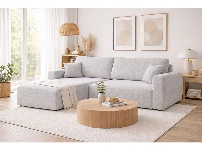 Canapé d'angle convertible avec coffre de rangement Ariel L, Chenille, tissu Artico, Ciment, côté gauche