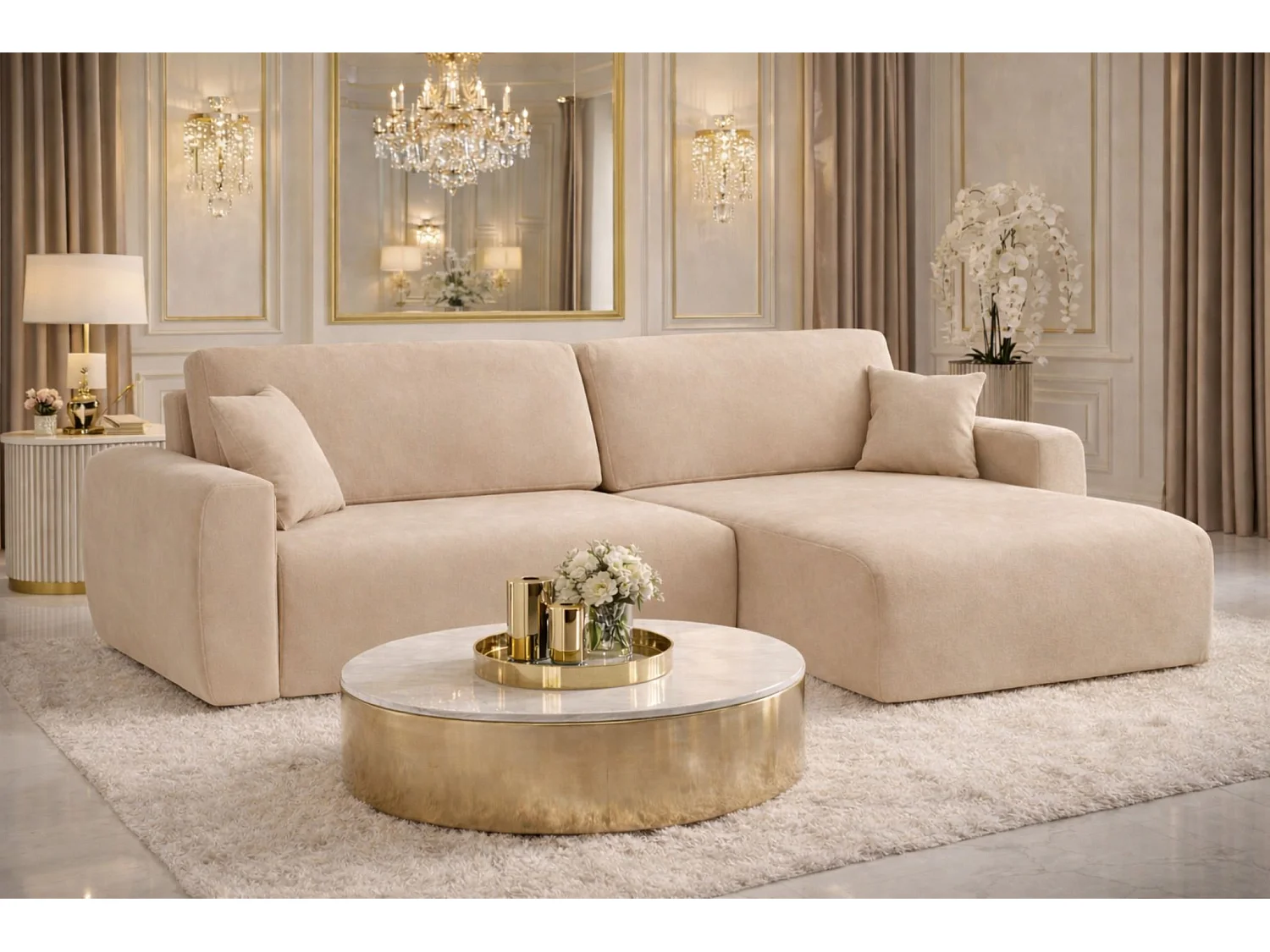 Canapé d'angle convertible avec coffre de rangement Ariel L, velours, tissu Salvador, beige, côté droit