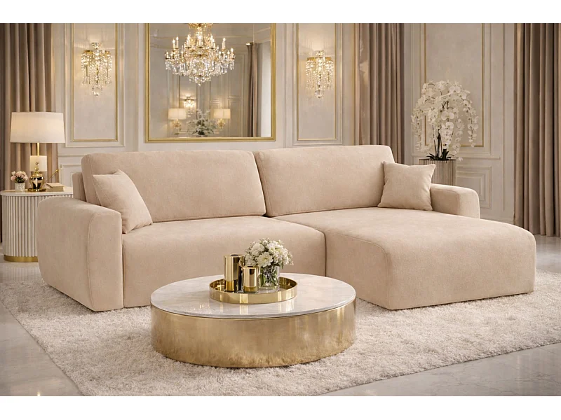 Hoekbank met slaapfunctie en opbergruimte Ariel L, velours, stof Salvador, beige, rechts