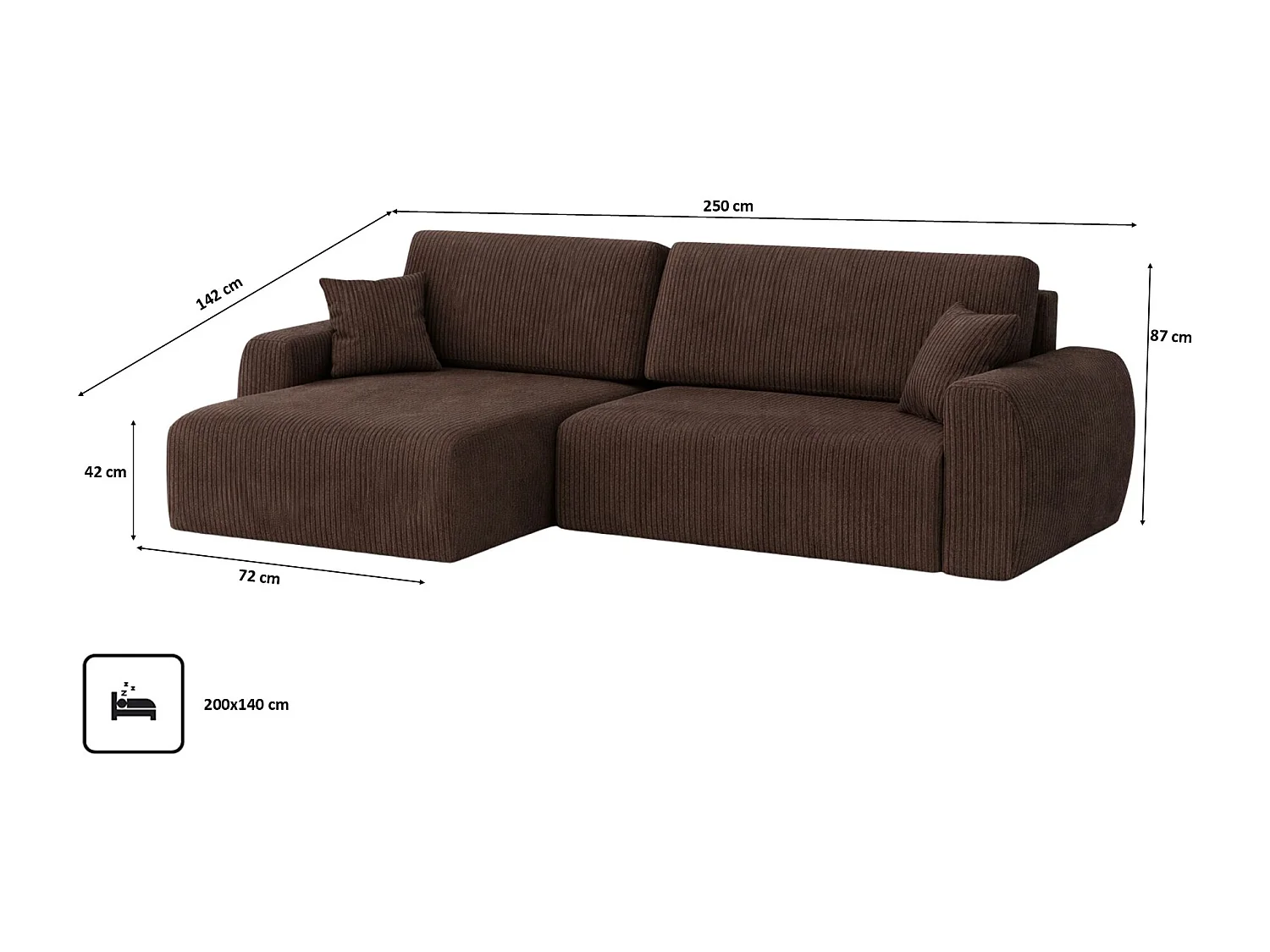 Canapé d'angle convertible avec coffre de rangement Ariel L, tissu côtelé, tissu Poso, marron, côté gauche