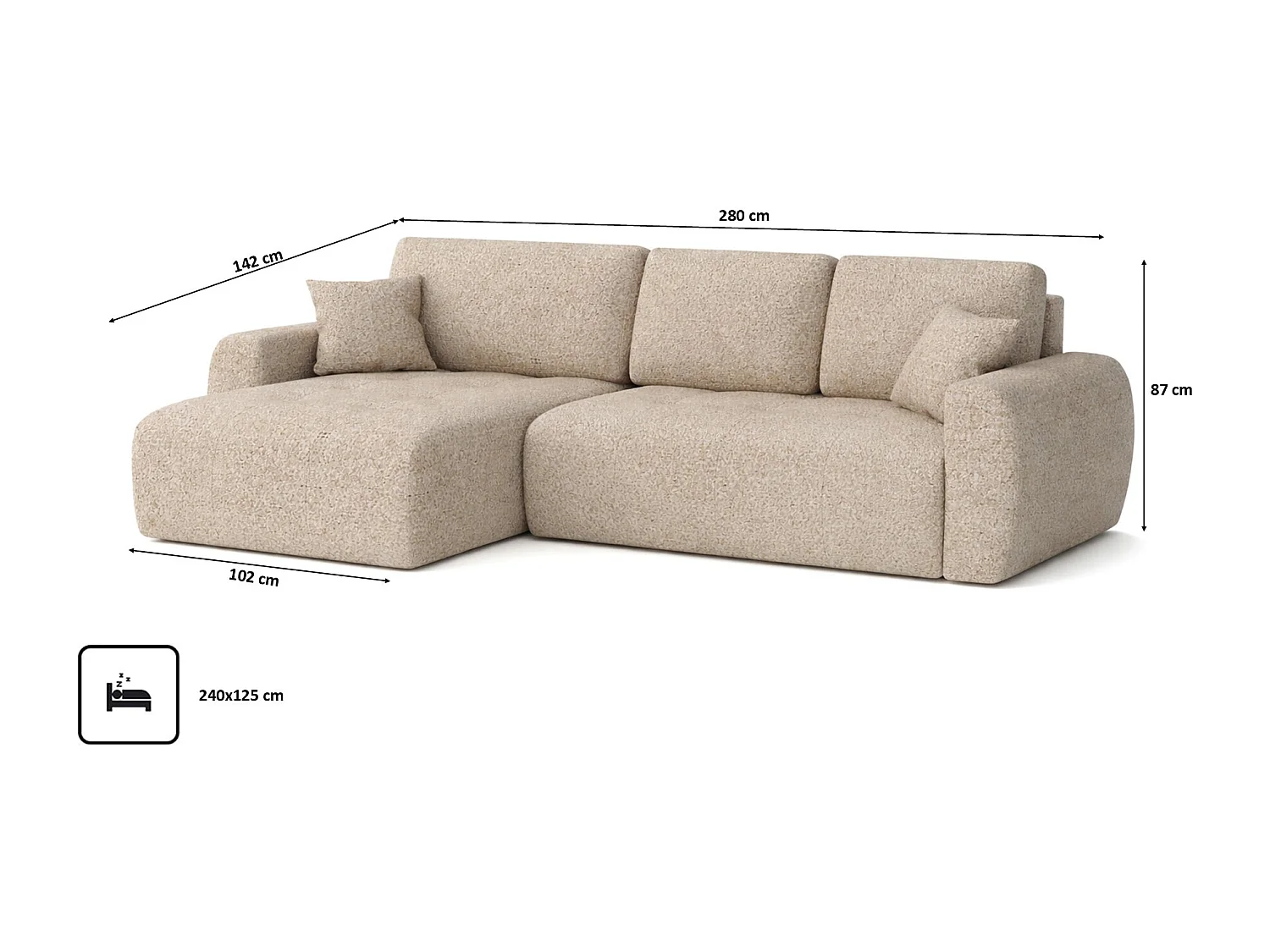 Divano angolare con funzione letto e contenitore a forma di L Ivo XL, tessuto chenille Artico, Beige, Sinistra