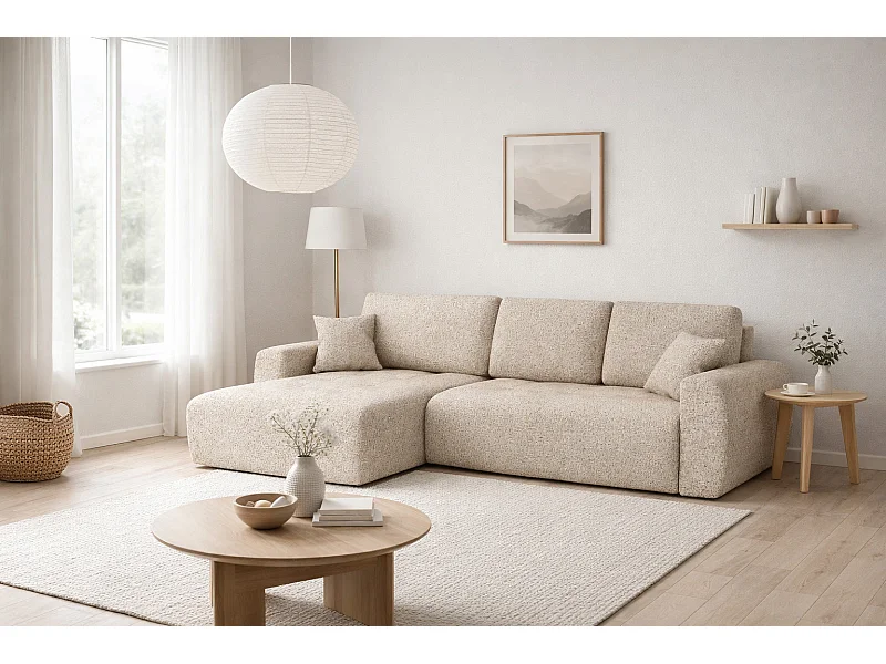 Ecksofa mit Schlaffunktion und Bettkasten L-Form Ivo XL, Chenille-Stoff Artico, Beige, Links