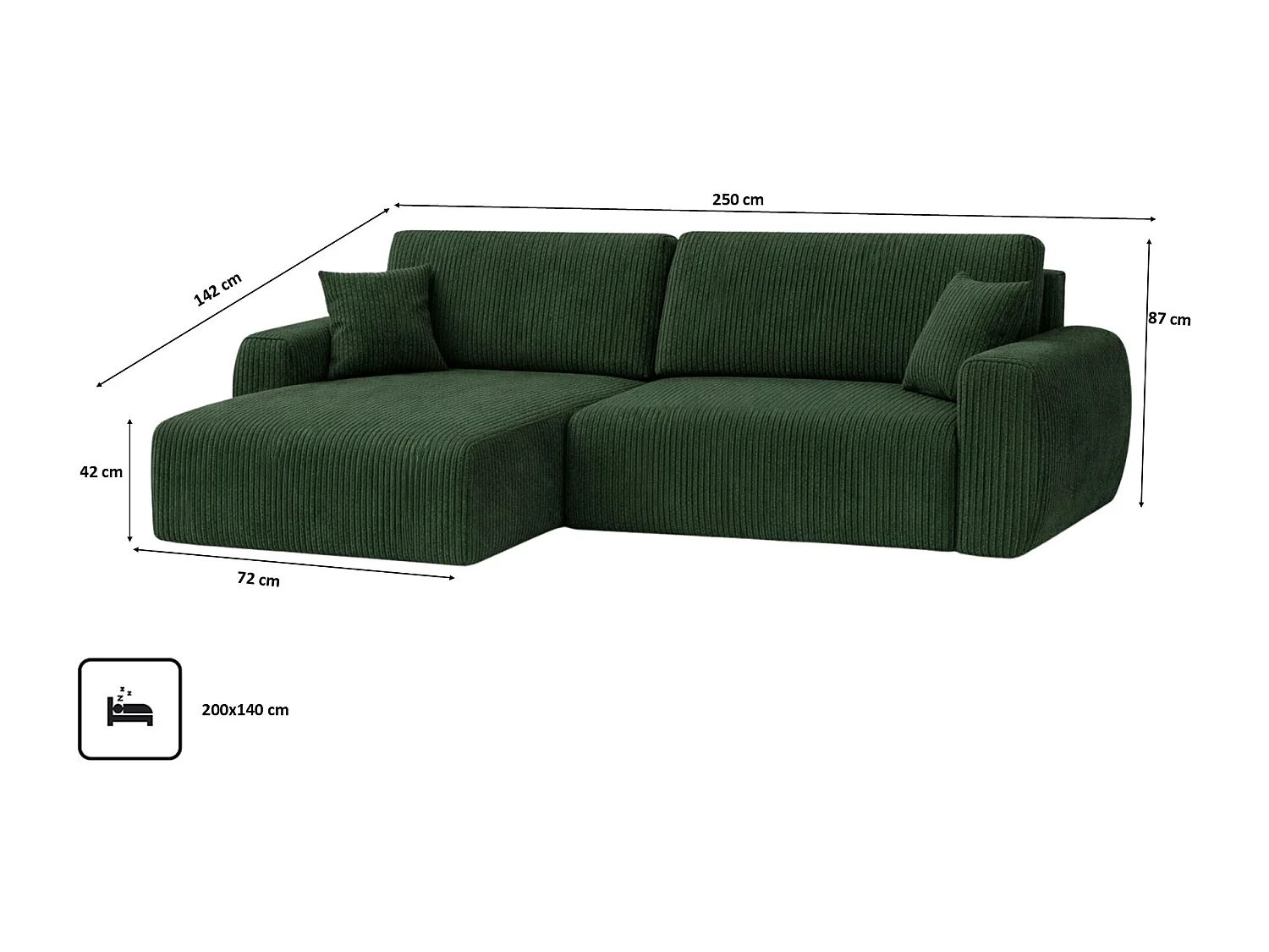 Canapé d'angle convertible avec coffre de rangement Ariel L, tissu côtelé, tissu Poso, vert, côté gauche