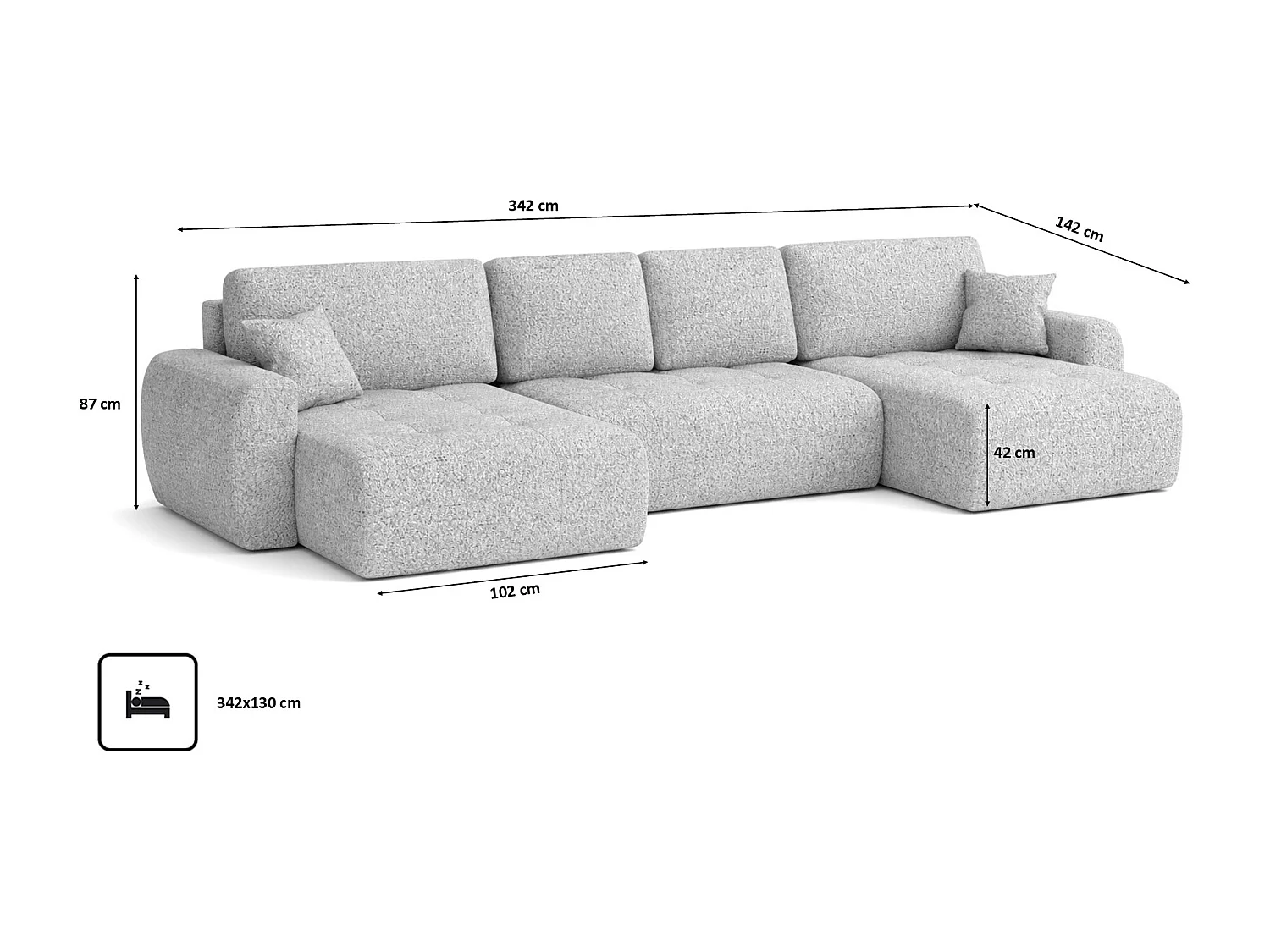 Divano angolare a U con funzione letto e vano contenitore Ivo U, tessuto in ciniglia Artico, Cemento