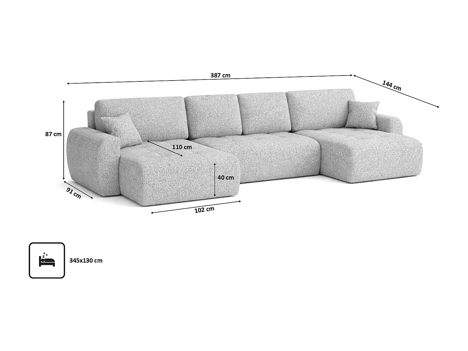 Narożnik z funkcją spania i pojemnikiem na pościel IVO U XL, tkanina szenilowa Artico, Cement