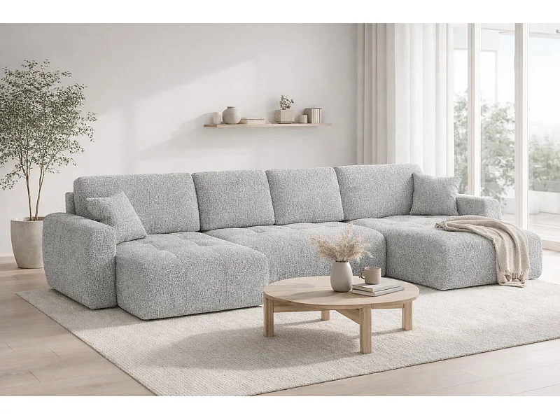 Divano angolare a U con funzione letto e vano contenitore Ivo U, tessuto in ciniglia Artico, Cemento