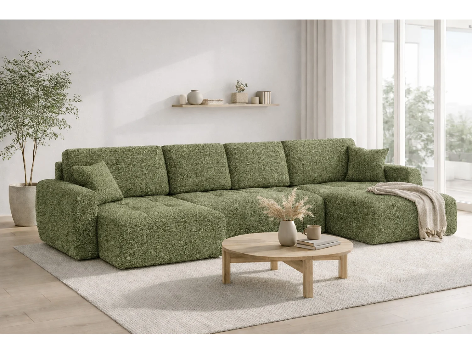 Divano angolare a U con funzione letto e vano contenitore Ivo U, tessuto in ciniglia Artico, Moss