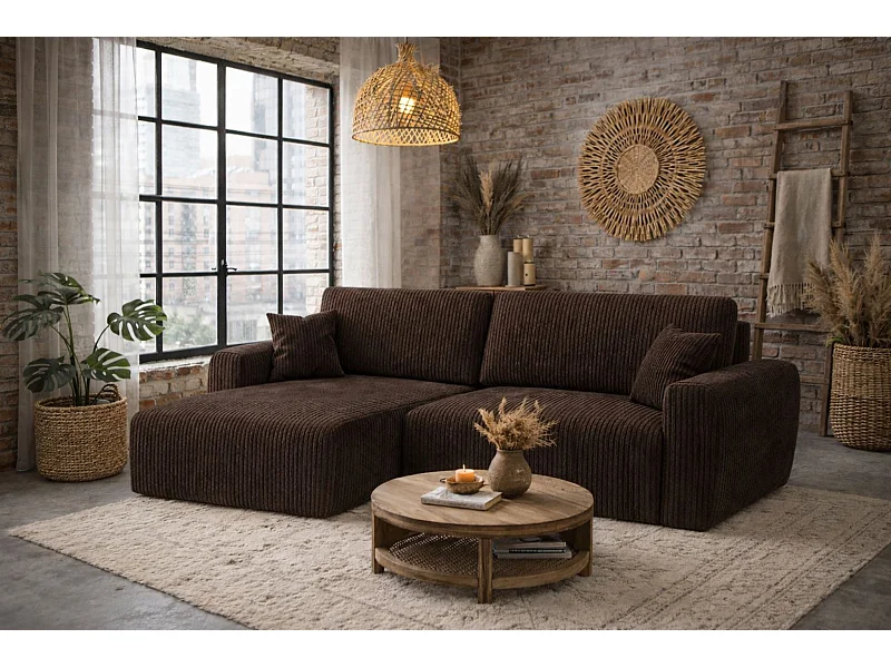 Ecksofa mit Schlaffunktion und Bettkasten, Ariel XL, Cordstoff, Stoff Poso, Braun, Links