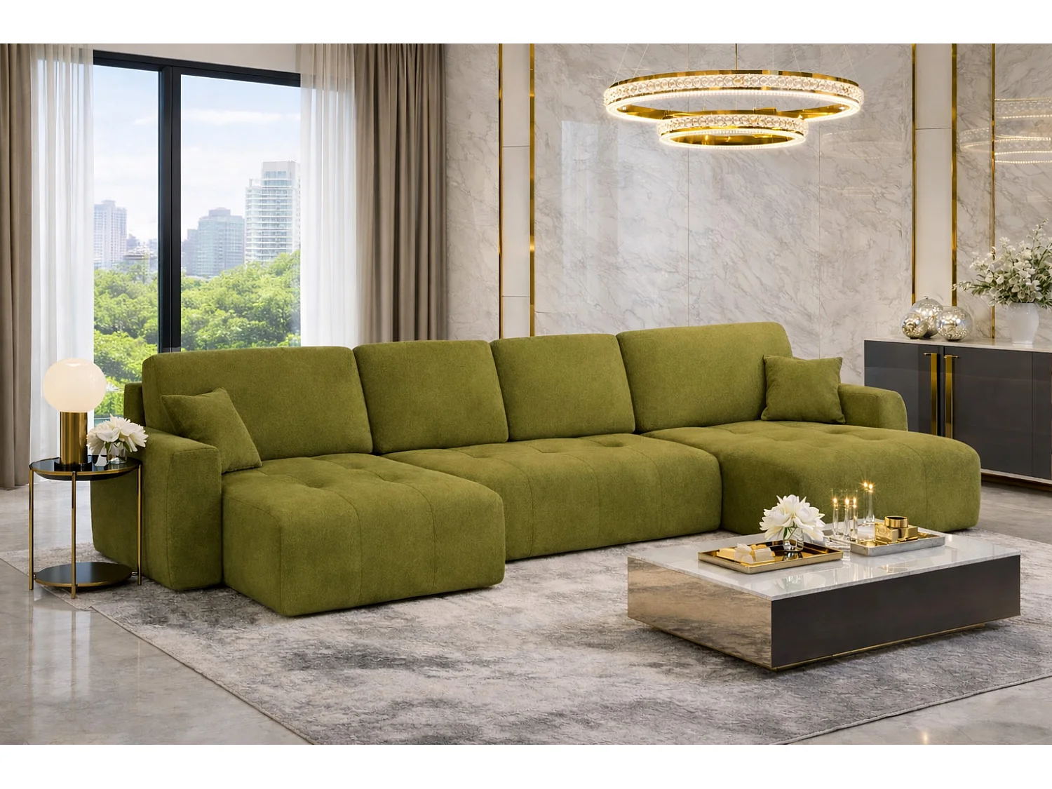Canapé d’angle en U avec fonction couchage et coffre de rangement Ivo U XL, velours Salvador, Olive