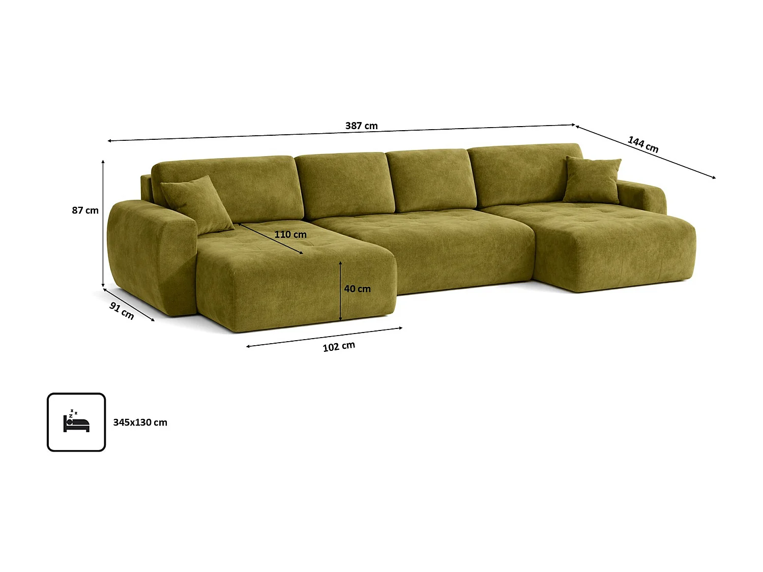 Canapé d’angle en U avec fonction couchage et coffre de rangement Ivo U XL, velours Salvador, Olive