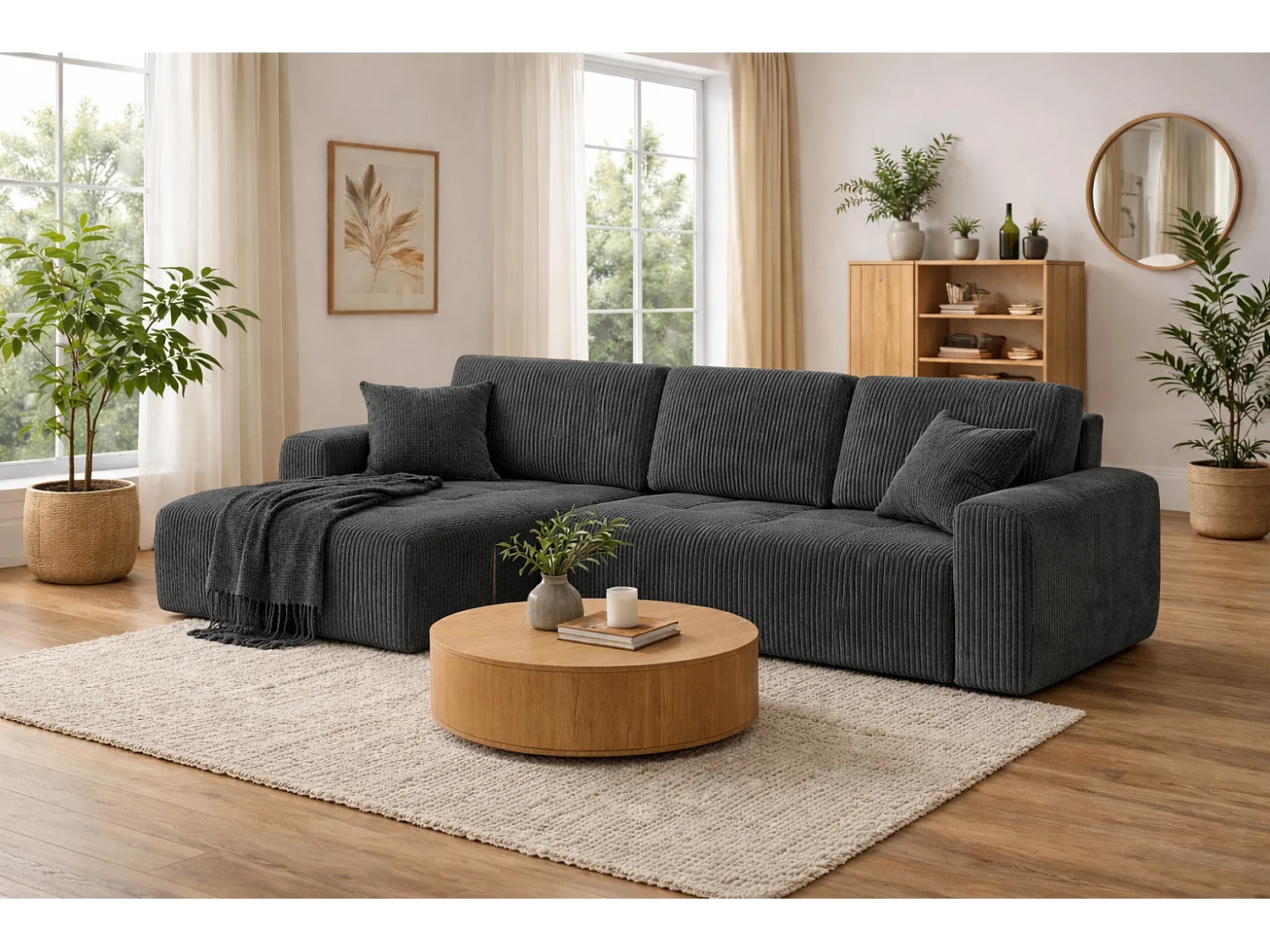 Divano angolare con funzione letto e contenitore a forma di L Ivo XL, tessuto a coste Poso, Grigio, Sinistra