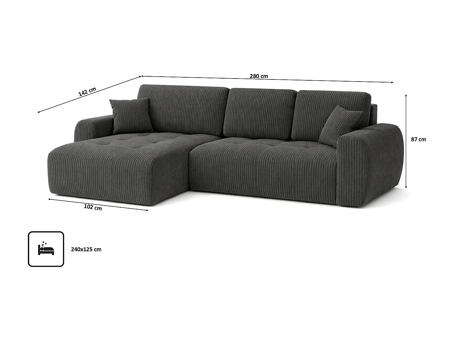 Divano angolare con funzione letto e contenitore a forma di L Ivo XL, tessuto a coste Poso, Grigio, Sinistra